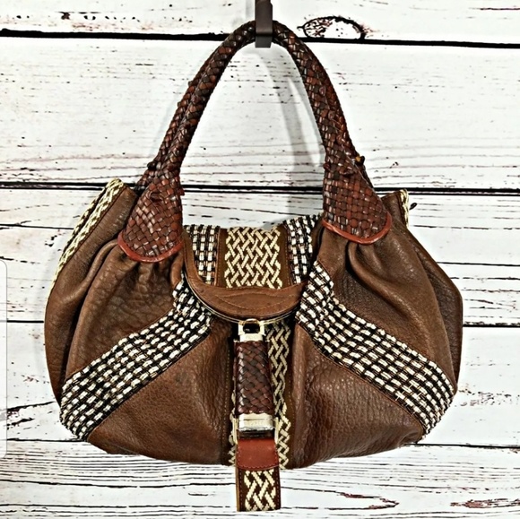 Fendi Handbags - Fendi Tobacco Brown Canvas Beaded Unique Leather S